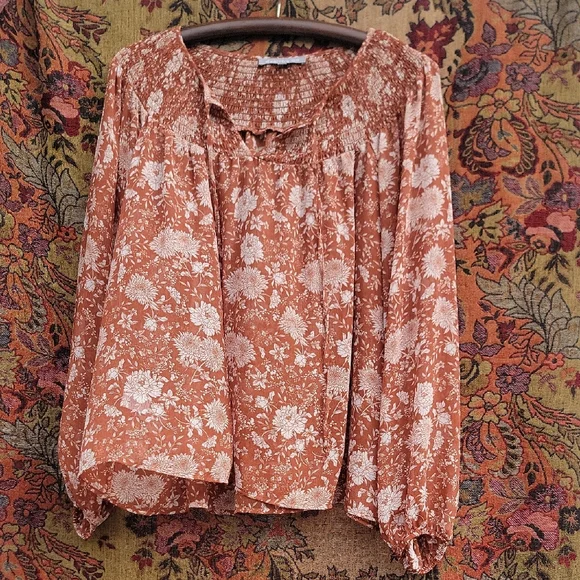 Rust Floral Boho Blouse | Smocked Neck Tie Front | Flowy Sleeves | M - Picture 3 of 8